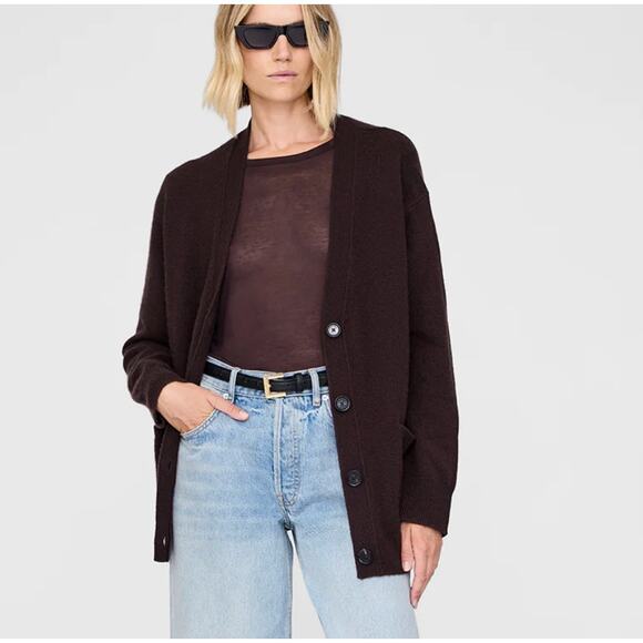 Anine Bing Sweaters - Anine Bing Jackson Deep Brown 100% Cashmere V-neck Button Logo Cardigan, size S